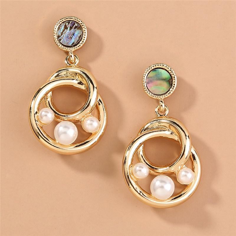 Manufacture New Trendy Fashion Personality Interlocking Double Round Circle Drop Abalone Stud Earrings for Women