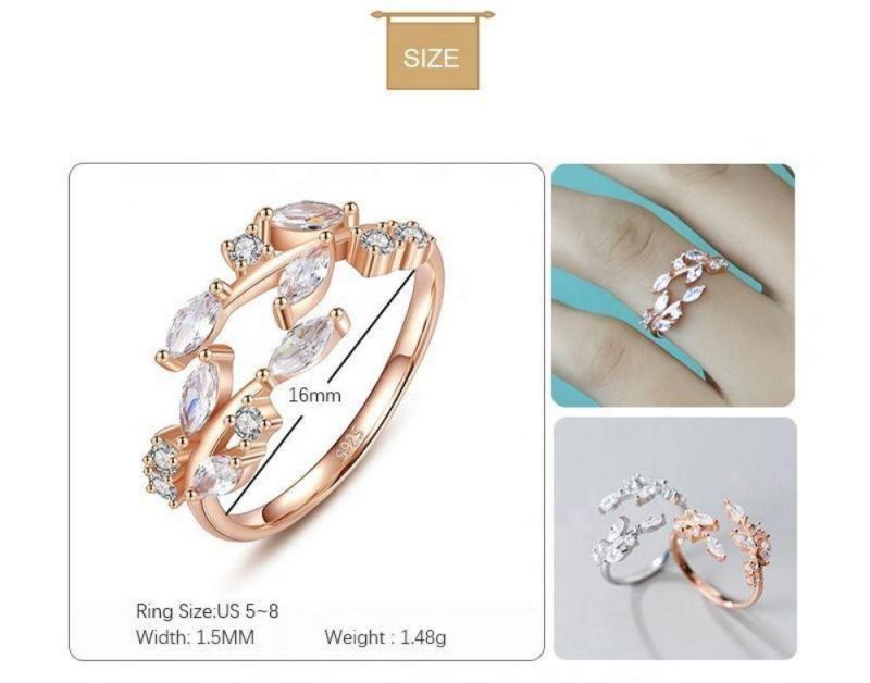 925 Sterling Silver Ring Leaf Zircon Adjustable Ring Fashion Leaves Branches Ring Women Exquisite Jewelry