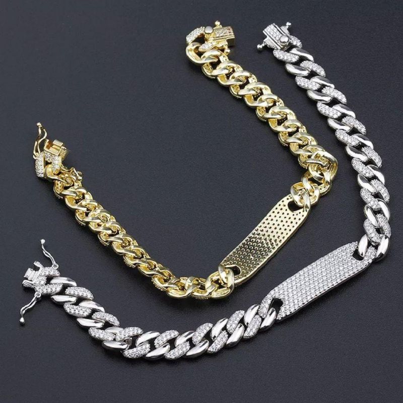 Fashion Hip-Hop Bracelet 18K Gold Plated Diamond Iced out Cuban Link Chain 925 Silver Bracelet with Buckle for Men and Women