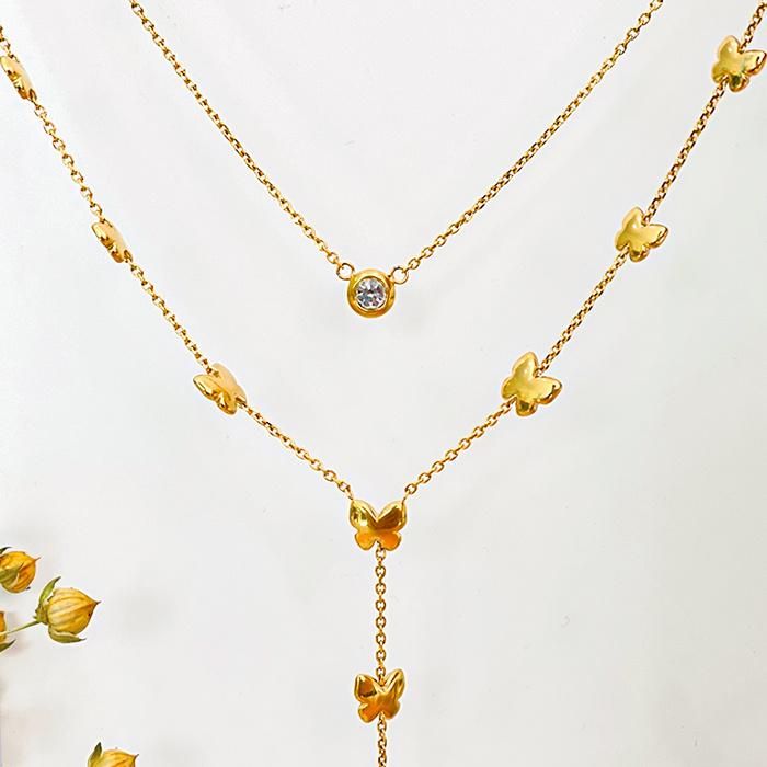 Fashion Gold Plated Butterfly Layering Necklaces Stainless Steel Dainty Necklaces with Rhinestone for Ladies