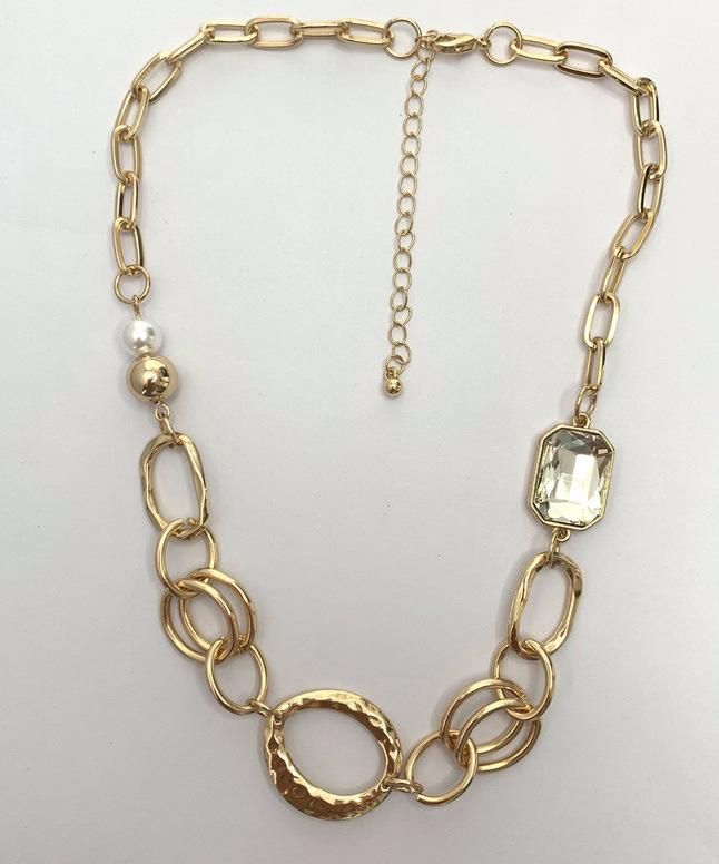 Big Oval Hammered Alloy Circles Statement Crystal Rectangle Stone Link Chain Necklaces with Pearls for Women