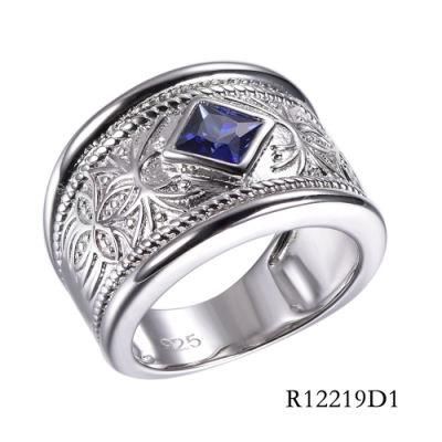 Twist Style Rope 925 Sterling Silver with Rhombus CZ Bezel Setting Ring