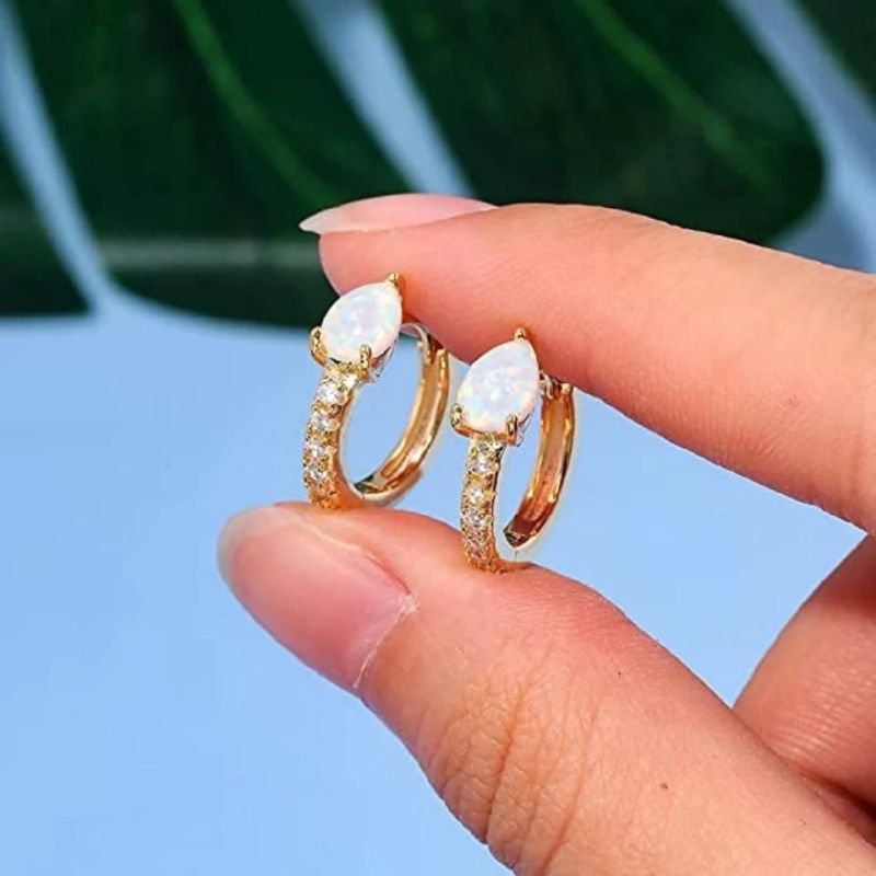 Trendy Jewelry Natural Stones Big Opal and Tiny Diamond Hoop Earrings with 14K Yellow Gold Plated