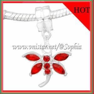 Silver Plated Red Crystal Stone Dragonfly Charm