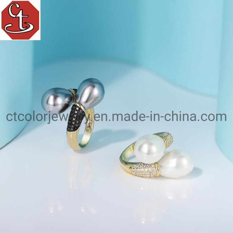 Wholesale Fashion Accessories Jewelry Gray Pearl Rings Shell Pearl Silver Rings for Women