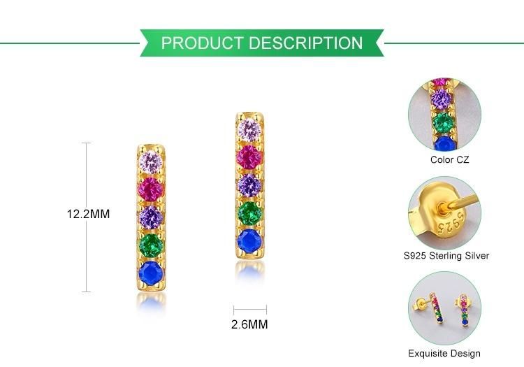 Hot Selling S925 Sterling Silver Rainbow Stud Earrings Simple Trendy Women Girls Gold Plated Multi Color CZ Bar Earrings