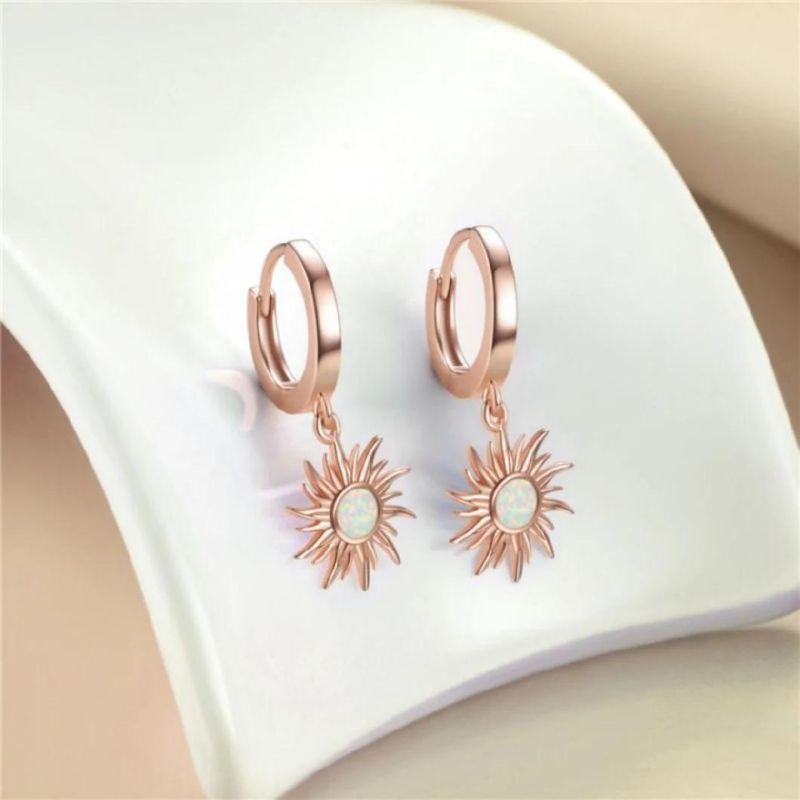 Rose Gold Plated Hypoallergenic Minimalist Ear Jewelry Small Huggie Hoop Opal Sun Dangling Earrings