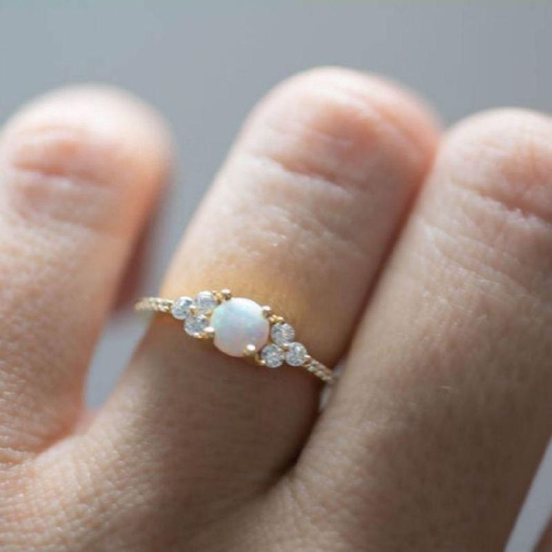 925 Sterling Silver 14K Gold Plated Synthetic Round White Fire Opal Three Stone Dainty Diamond Rings