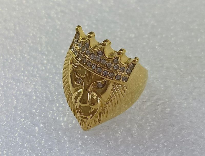 Explosion Hip-Hop Hip Hop Stainless Steel Gold-Plated Rhinestone Crown Lion Head Ring for Men Sgmr2623