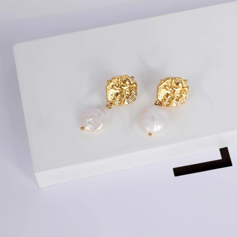 Gold Color Piercing Earrings Fashion Jewelry Pearls & Lava Design Textured Stud Earrings for Women