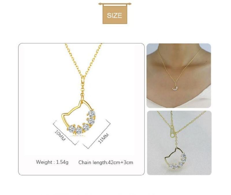 925 Sterling Silver 14K 18K Gold Plated Cute Cat Crystal Pendant Clavicle Chain Necklace Women Fashion Jewelry Gift
