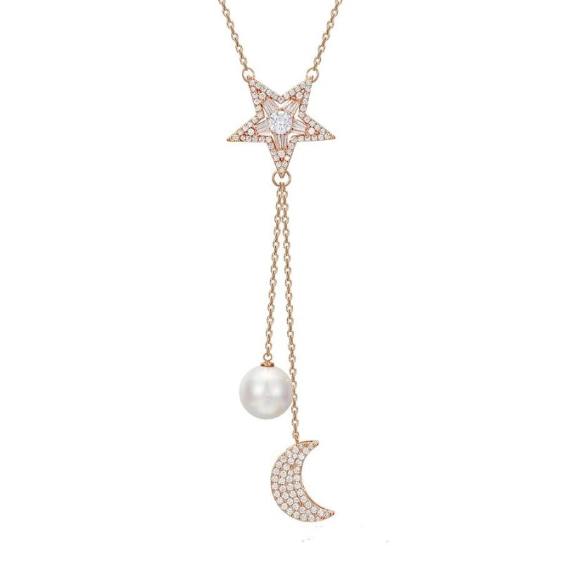 Fashion Jewelry Star Type Rose Gold Color Pearl Sweater Chain Necklace for Women