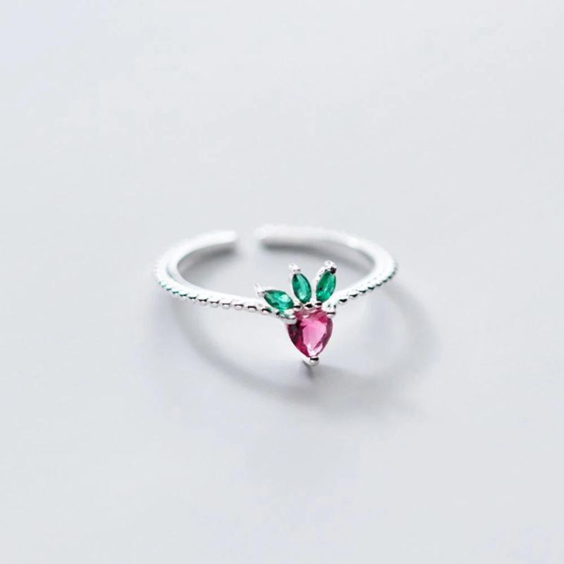 925 Sterling Silver Ring Sweet Red Strawberry CZ Opening Ring Wonderful Gift for Women Girls Fashion Jewelry