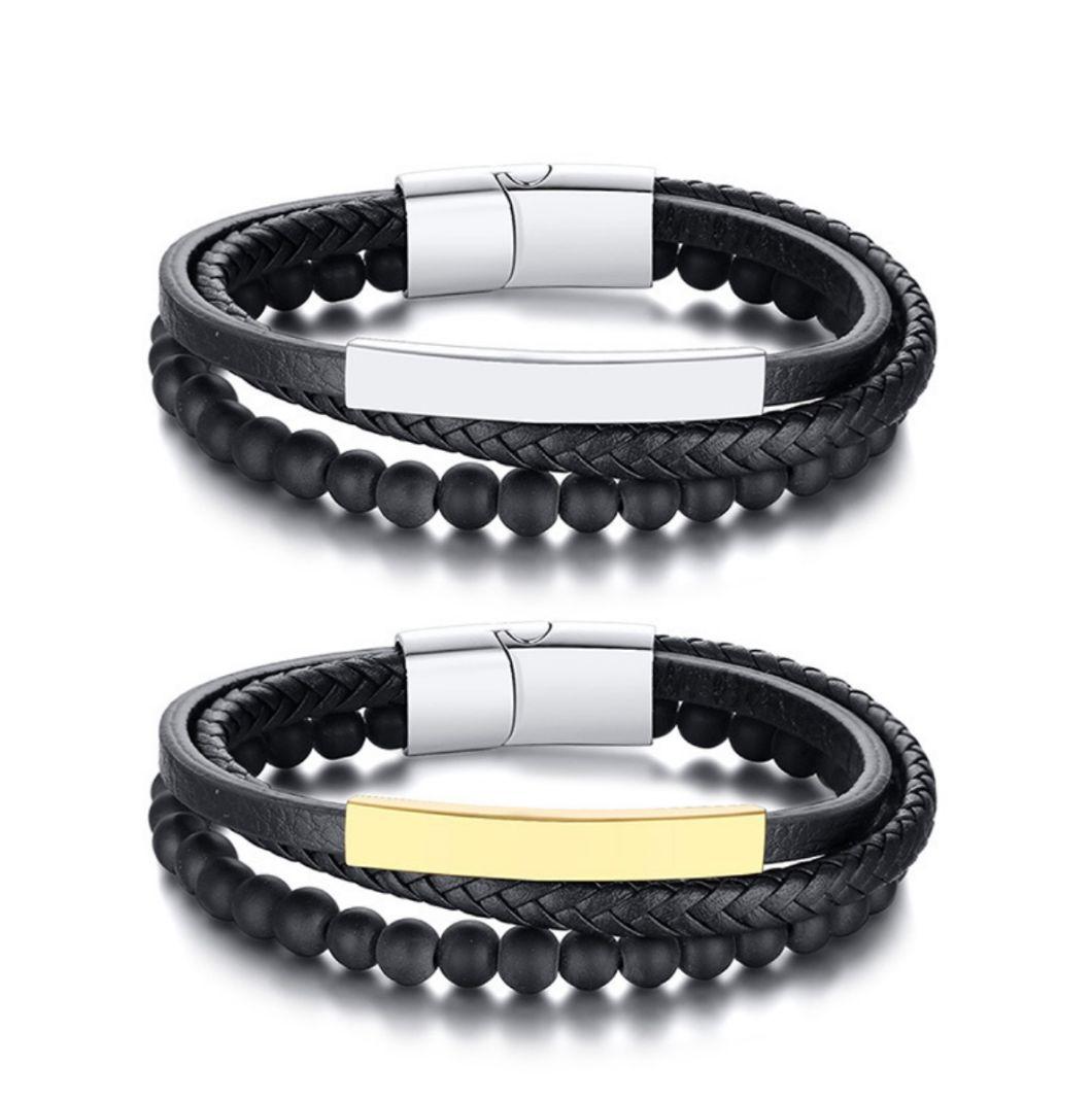 European and American Style Men′ S Ultra-Fine Leather Bracelet Stainless Steel Accessories Black Bracelet Wholesale