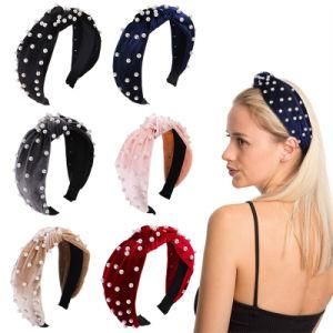 Wholesale Fashion Soft Velvet Women Hair Accessories Head Band Custom Fabric Tie Knot Pearl Plastic Headband for Girls
