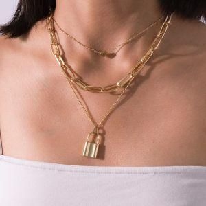 3 Multi Layer Chain Fashion Jewelry Cute Simple Alloy Statement Choker Necklace Women with Lock and Heart Pendant 1 Buyer