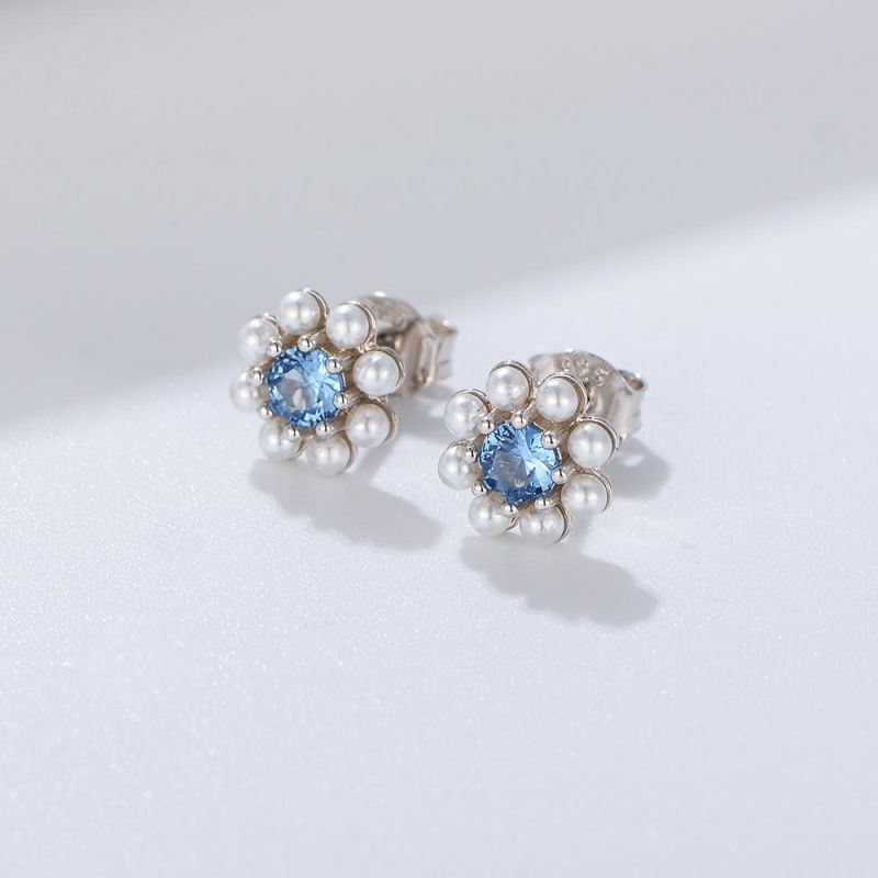 New Fashion Handmade 925 Sterling Silver Blue Zircon Pearl Sweet Flower Lovely Stud Earrings