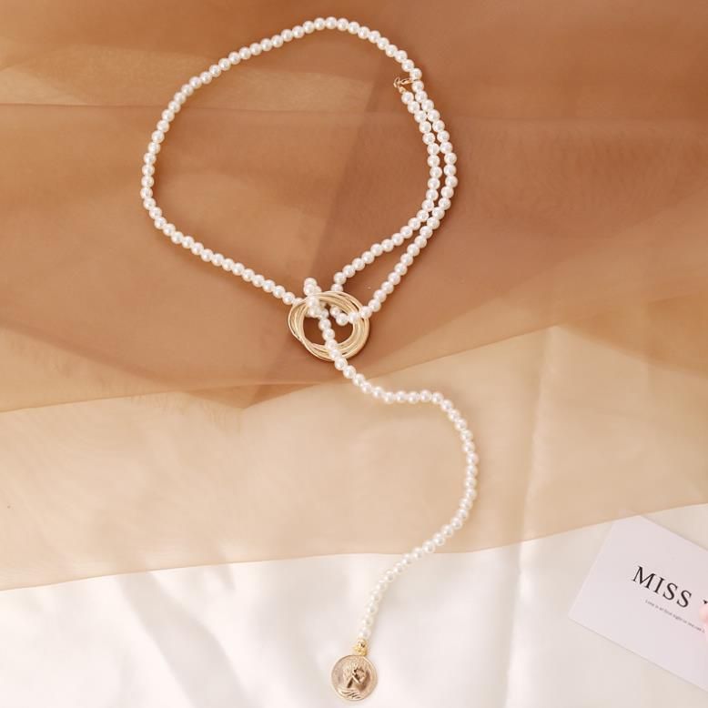 Geometric Metal Pearl Necklace Personality Fashion Sweater Chain