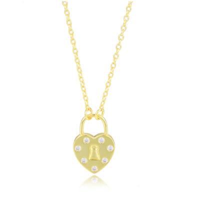 Women S925 Sterling Silver 18K Gold Zircon Dainty Heart Lock Pendant Necklace