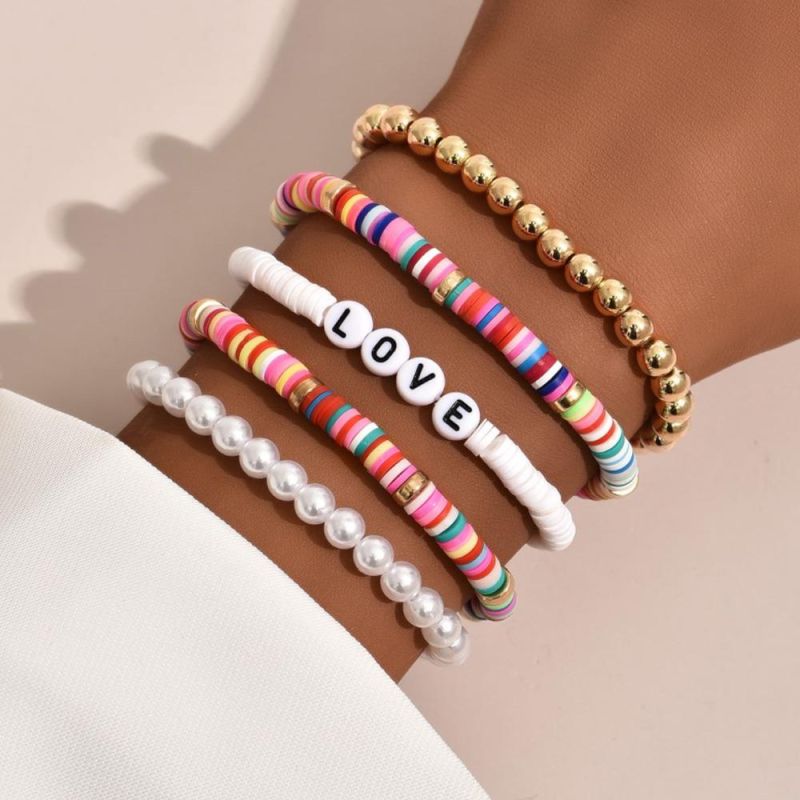 National Style Vintage Colorful Temperament Pearl Love Letter Bracelet Set