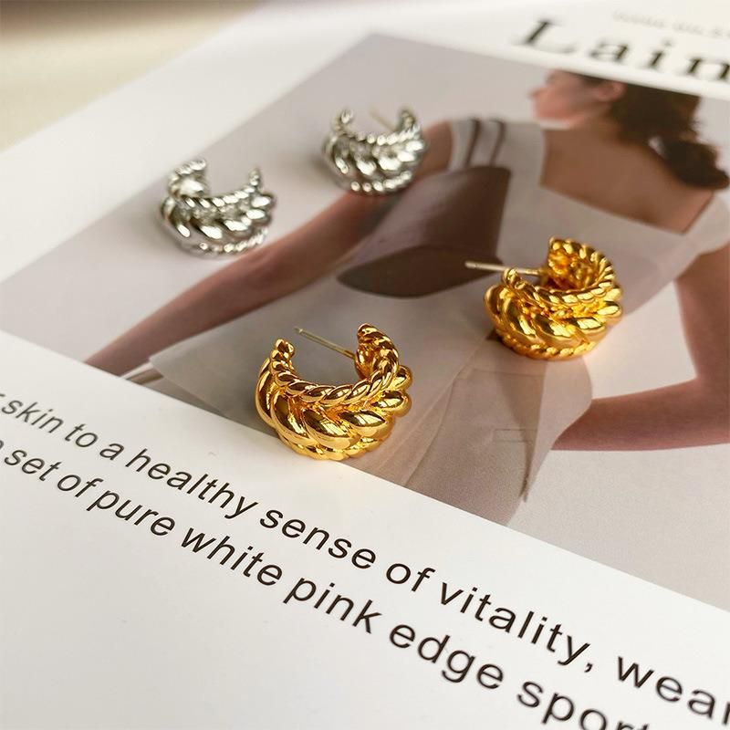 Manufacturer Custom Brass Braid Pattern C Stud Hoop Earrings in 18K Gold Twisted Double Sides Hoop Bijoux