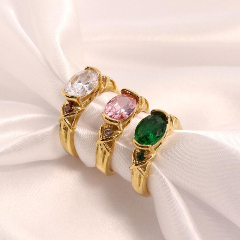 Minimalist Three Color Gemstone Gold Plated Ring Red Blue Green CZ Stone Ring for Women