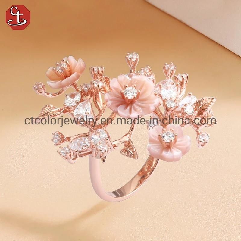 Fashion new 925 silver with 4A white CZ natural MOP flower ring