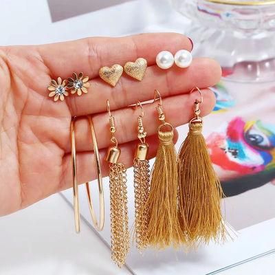 Simple Alloy Ear Set Gold Tassel Hoop and Stud Earrings Set