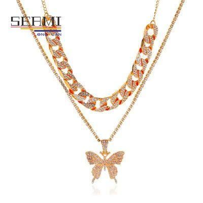 Cuban Beaded Chain Butterfly Layered Diamond Choker Necklace for Women