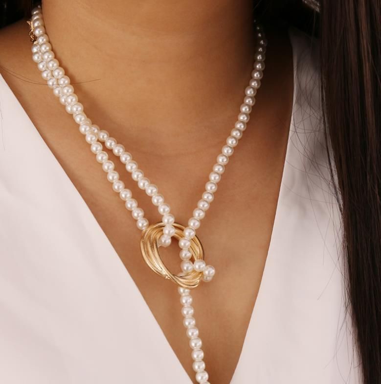 Geometric Metal Pearl Necklace Personality Fashion Sweater Chain