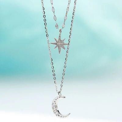 Simple Star Moon Double Necklace Flash Crystal Niche Clavicle Chain Pendant Necklace