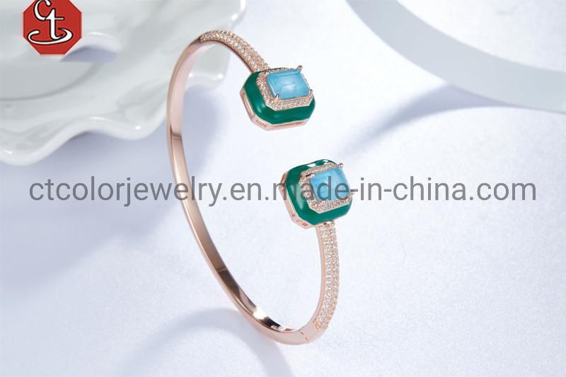 Hot sale 925 silver rose plated CZ pave Green Color Enamel Special half nature stone Bangle fashion jewelry zircon Bracelet bangle