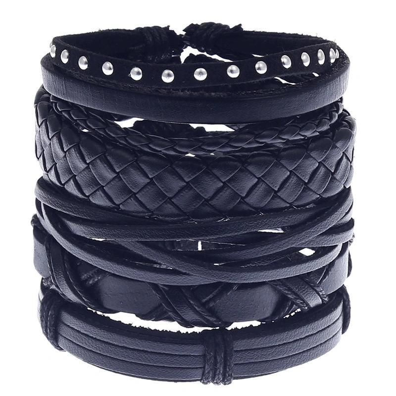 Leather Cuff Bracelet for Men and Women Punk Rock Braided Bracelet Via Brown Black Wristband Handmade Jewelry 4 Pieces