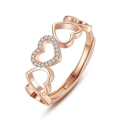 925 Sterling Silver Ring Hollow Heart Love with Zircon Adjustable Ring Cocktail Ring for Women Fine Jewelry