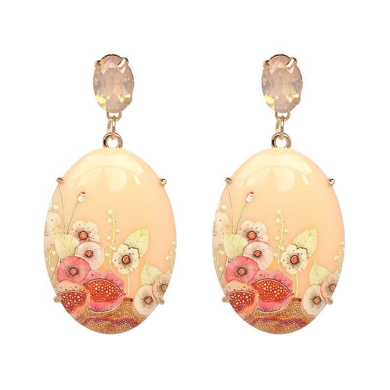Fashion Jewelry Vintage Crystal Inlay Earrings Oval Resin Print Earrings
