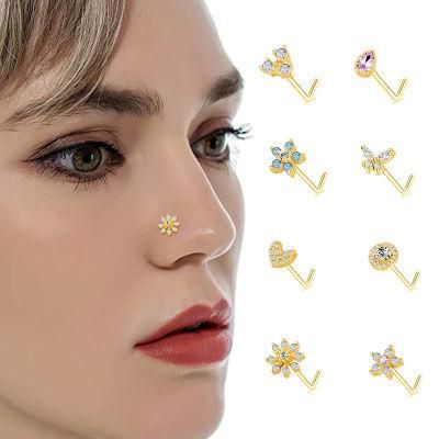 20g Surgical Steel Nose Studs Nose Piercing Jewelry Body Jewelry Shiny CZ Flower Butterfly L Shaped Nose Rings for Women