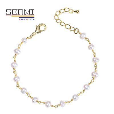 Initial Gold Plated Beaded Chain Women String Freshwater Pearl Bracelets