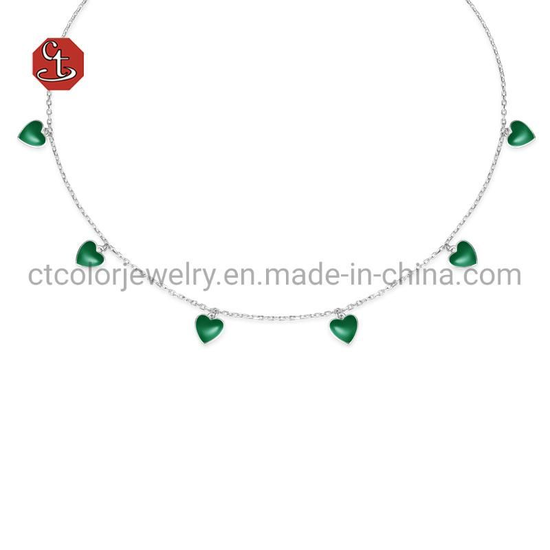 Fashion Jewelry Love Pendant Green Enamel Color Women 925 Silver Simple  Necklace