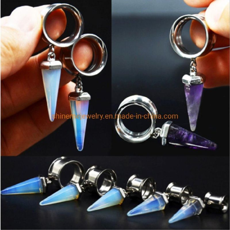 Stainless Steel Double Flare Internal Thread Auricle Simple Pendant Opal Amethyst Ear Expander Cross-Border Hot Sale Piercing Ear Expander Spg2726