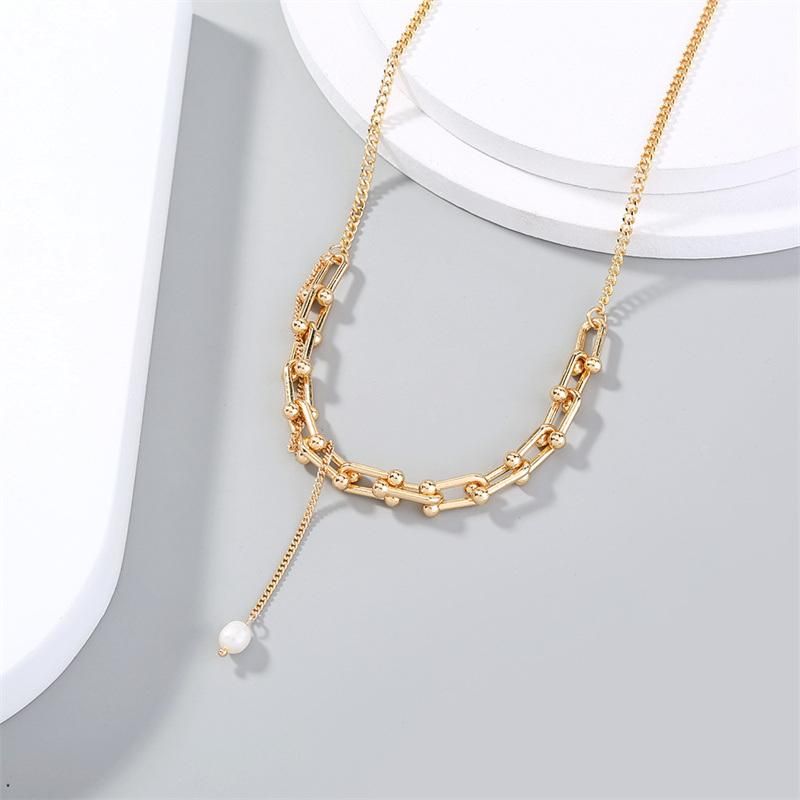 Manufacture Wholesale Price Fashion Jewelry with Horseshoe Shape Chain and Glass Pearl Charm Choker Necklace for Lady Women Girls or Party Gift