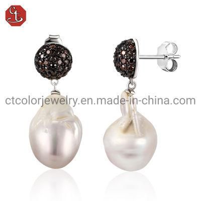 Fashion Jewelry Coffee cz Baroque Pearl 925 Sterling Silver Stud Earring
