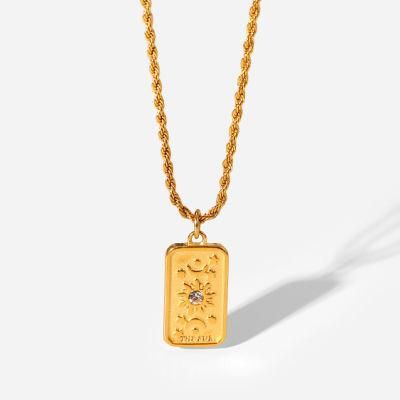 Factory Customized Fashion Jewelry Waterproof Cuban Chain 18K Gold-Plated Stainless Steel Square Pendant Sun Carved Necklace Jewelry