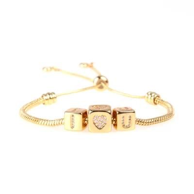 DIY Zircon Encrusted Gold-Plated Lettering Fashion Square Charm Love Letter Bracelet
