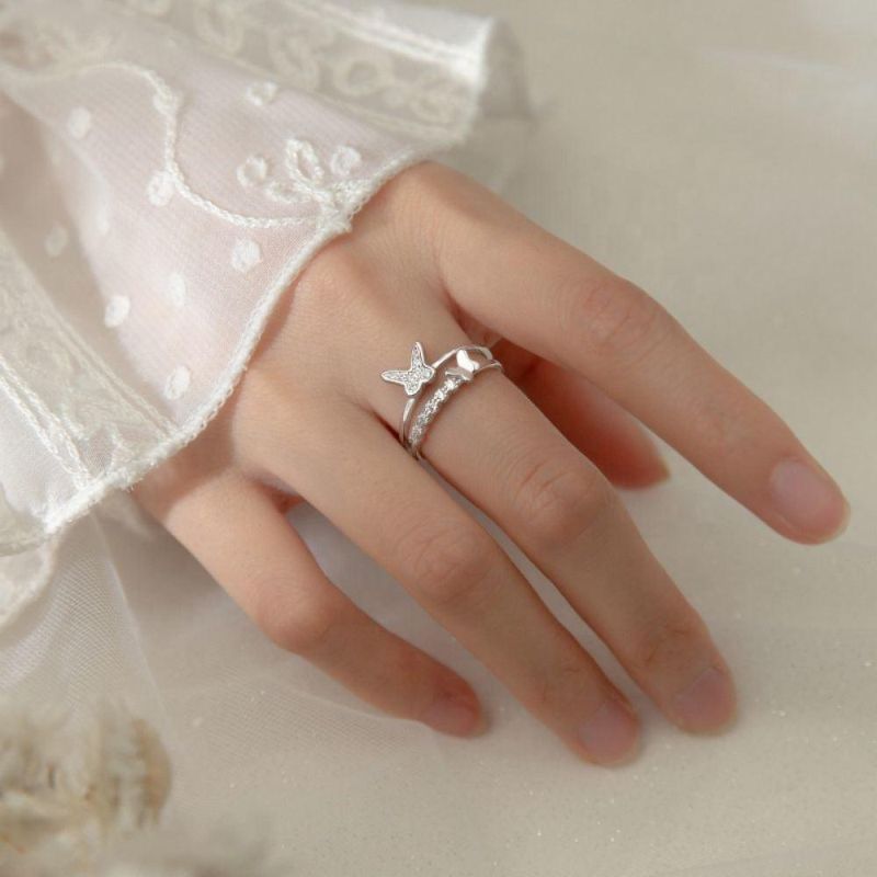 Fashion Jewelry 925 Sterling Silver Double Layer Butterfly Ring Women Girls Daughters Gift Exquisite Luxury