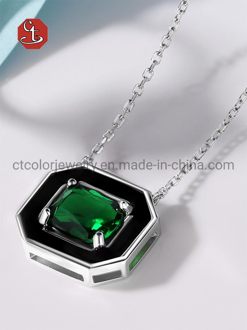 925 Sterling Silver Jewelry Emerald CZ Stones Black Enamel Pendant Necklace