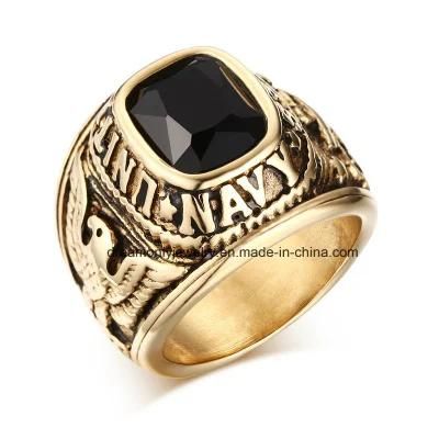 Cheap Wholesale Gold Plated Stainless Steel Black Stone Jewelry Men Rings