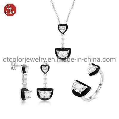 Fashion 925 silver jewelry set with CZ black enamel necklace earring noble and classical