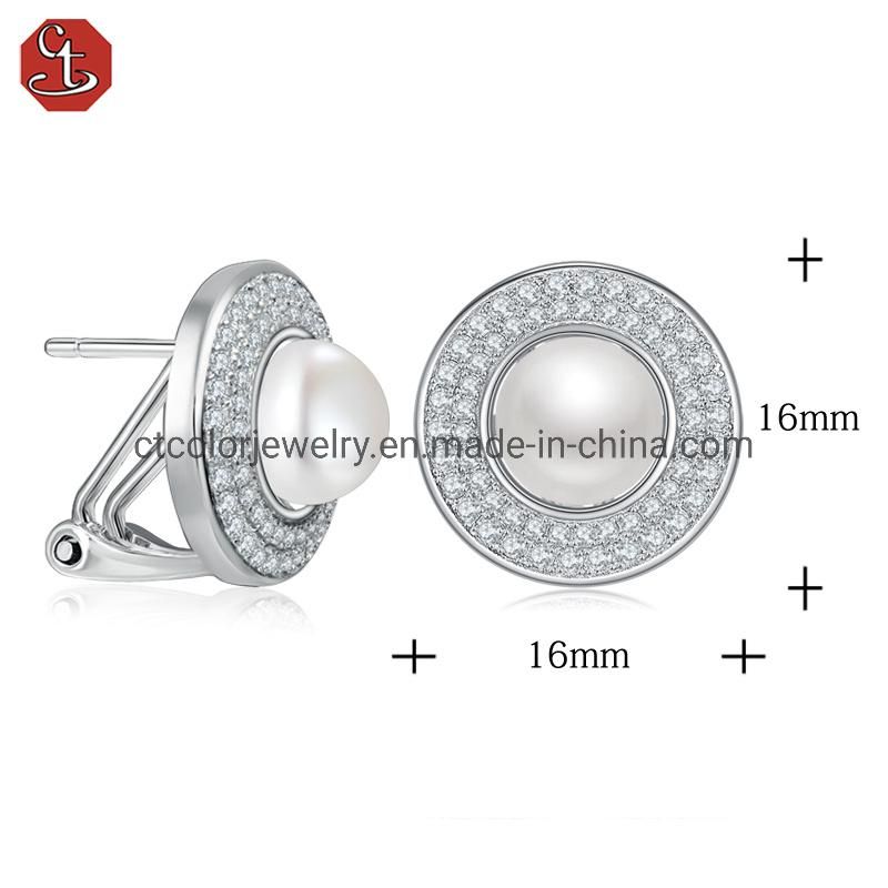 Fashion jewelry 925 silver nature pearl white CZ omega handmake black plated earrings