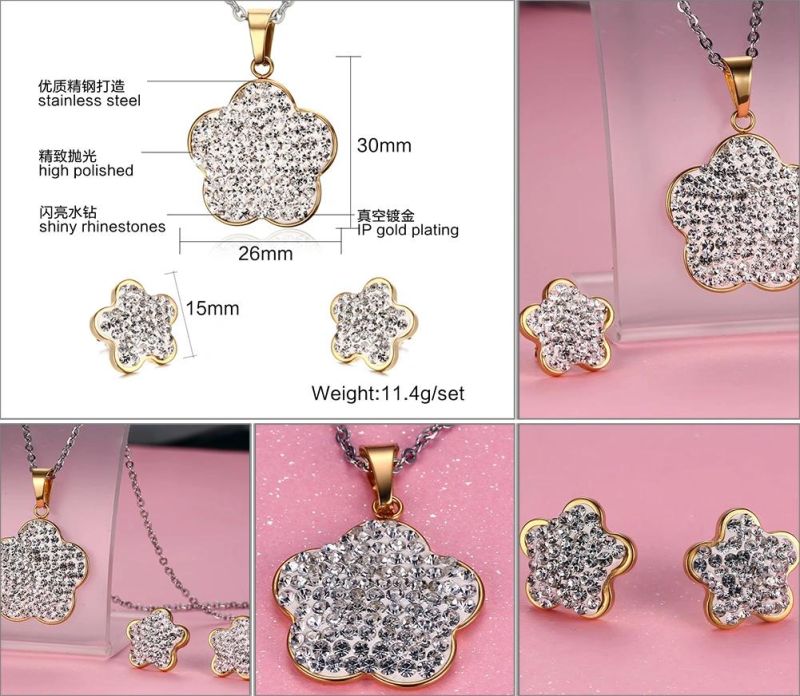 White Rhinestone Flower Pendant Stud Earring Jewelry Set for Party