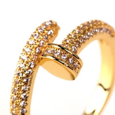 Fashion Jewelry Personalized Gold Copper Designer Nail Adjustable Ring with Crystal for Women